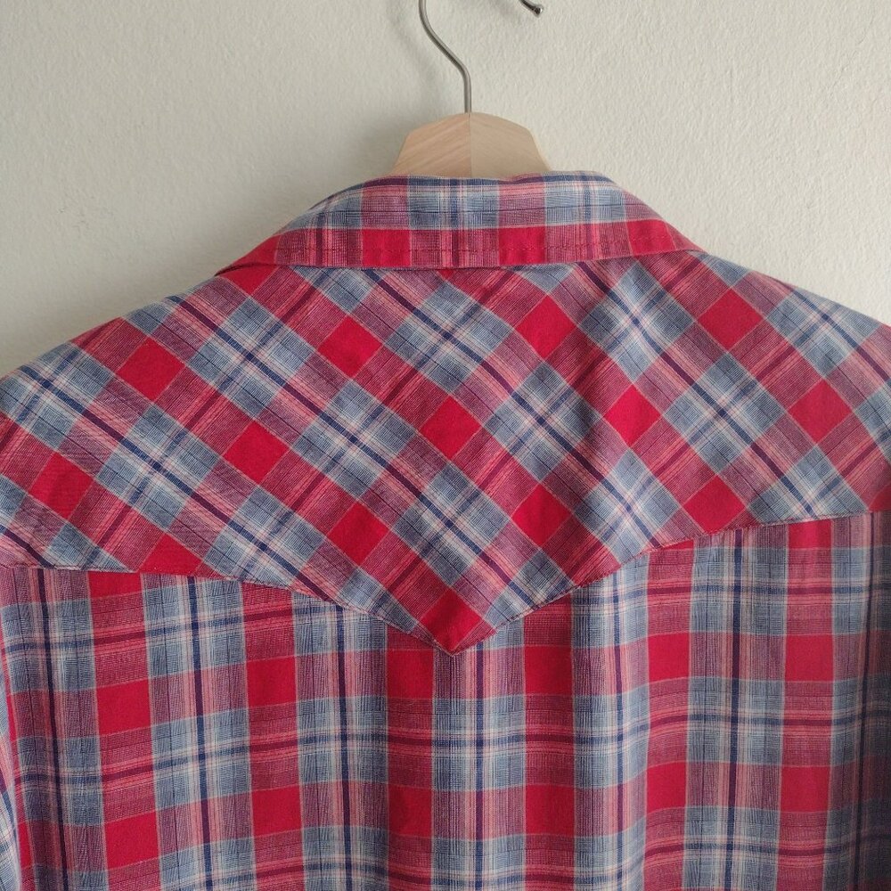 Wrangler Vintage Mens Western Shirt XXL Pearl Snap Red Blue Check Cowboy - Picture 8 of 9